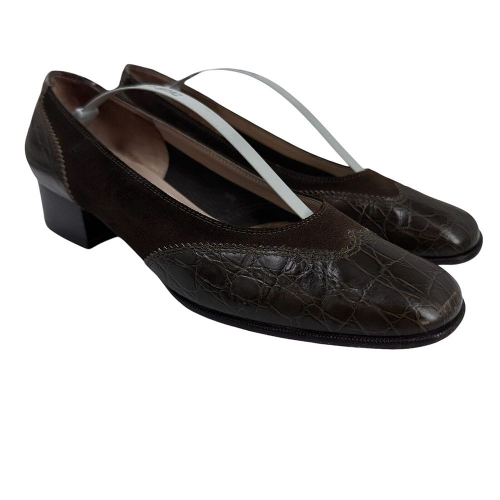 Salvatore Ferragamo Dark Brown Croc-Embossed Leather Low Heel Pumps